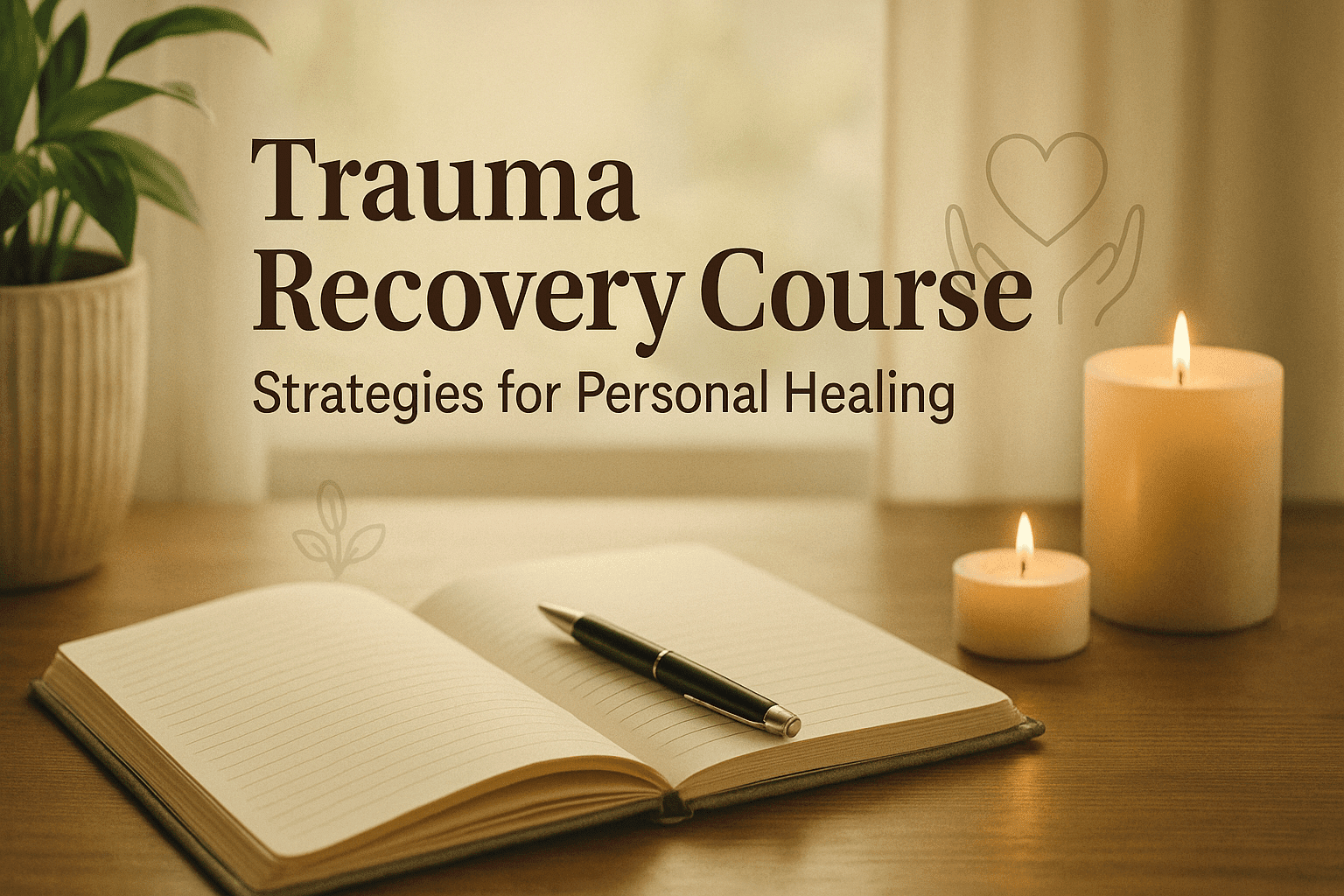 Trauma recovery course banner showing calm nature scene, journal, warm light and supportive healing visuals symbolising emotional recovery.