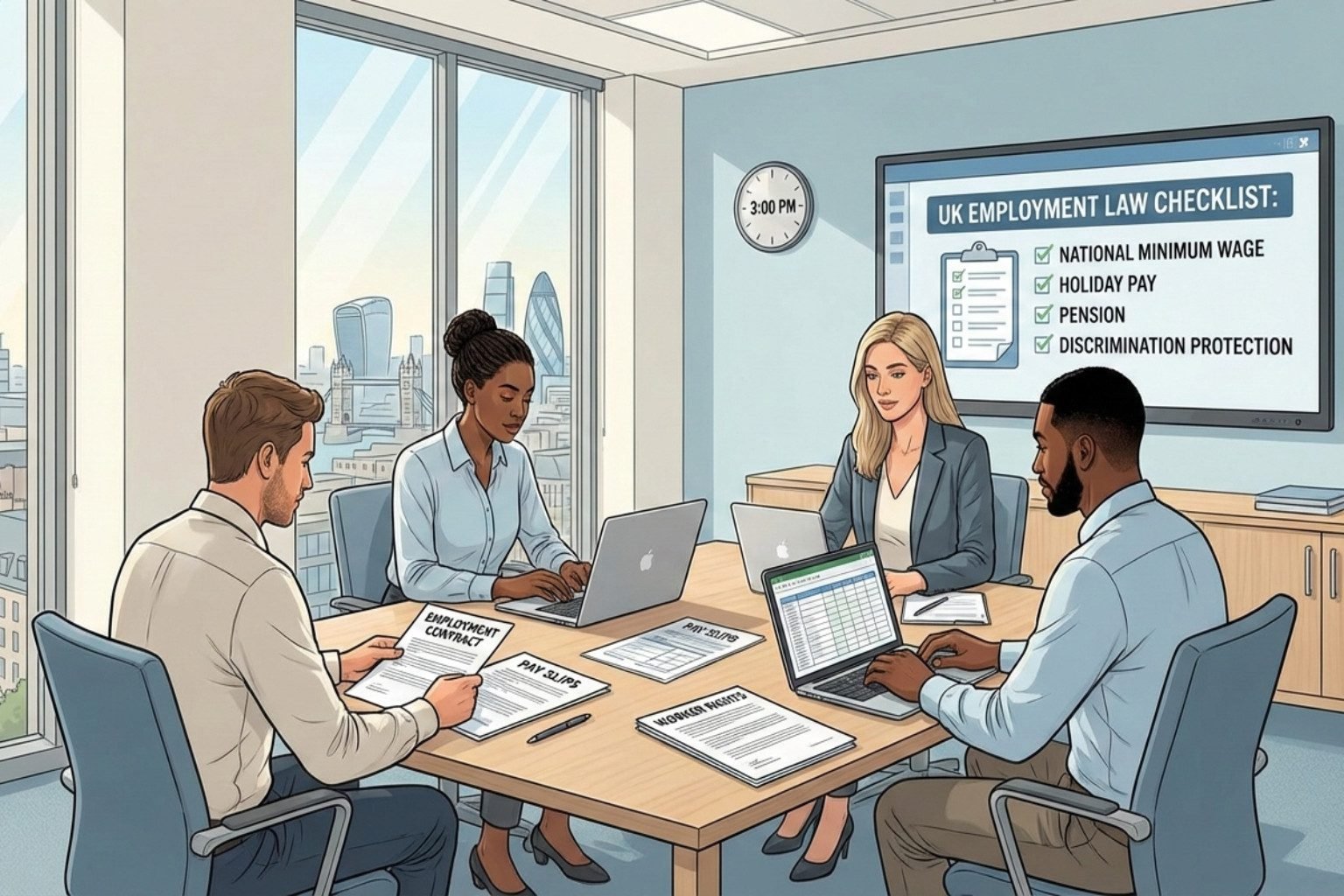 UK employment laws showing a professional workplace meeting discussing employee rights, contracts and legal compliance