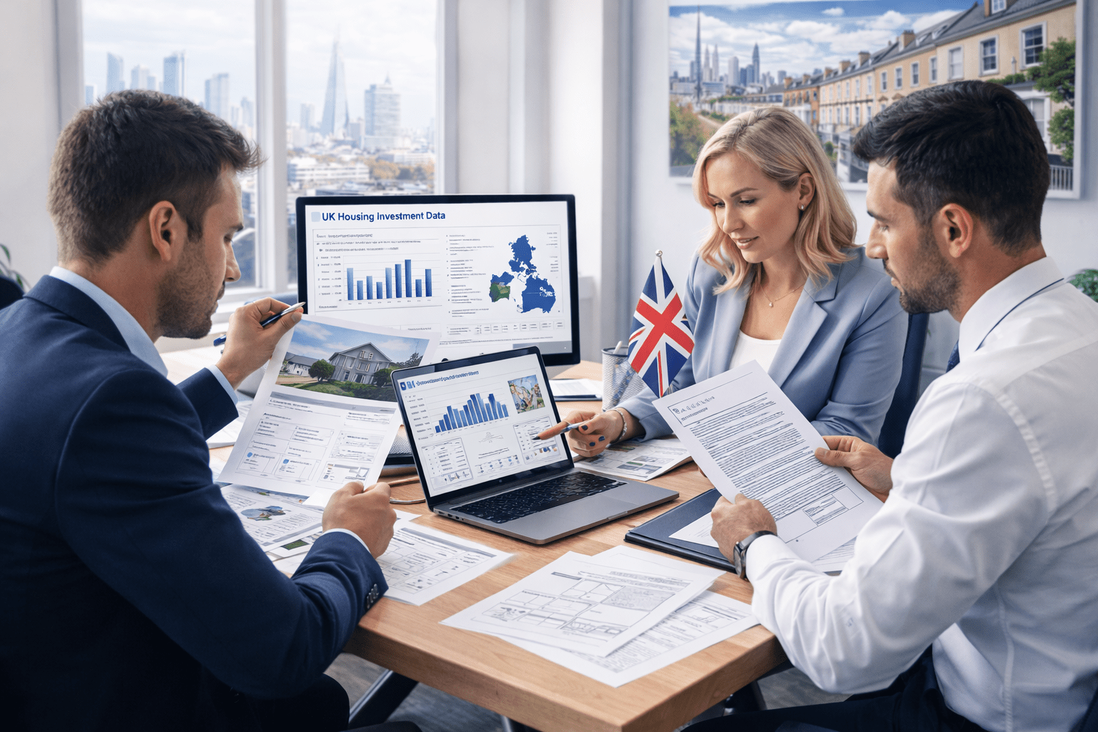 UK Property Investment course showing investors analysing property data and housing market trends in a professional setting