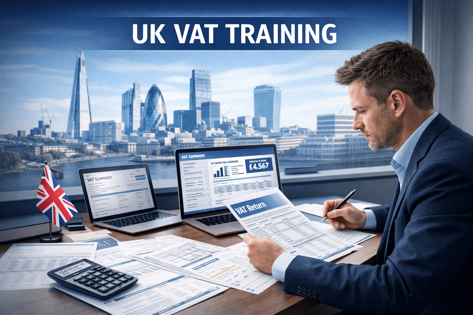 UK VAT Training course showing accountant reviewing VAT returns, tax forms and digital records in a professional office