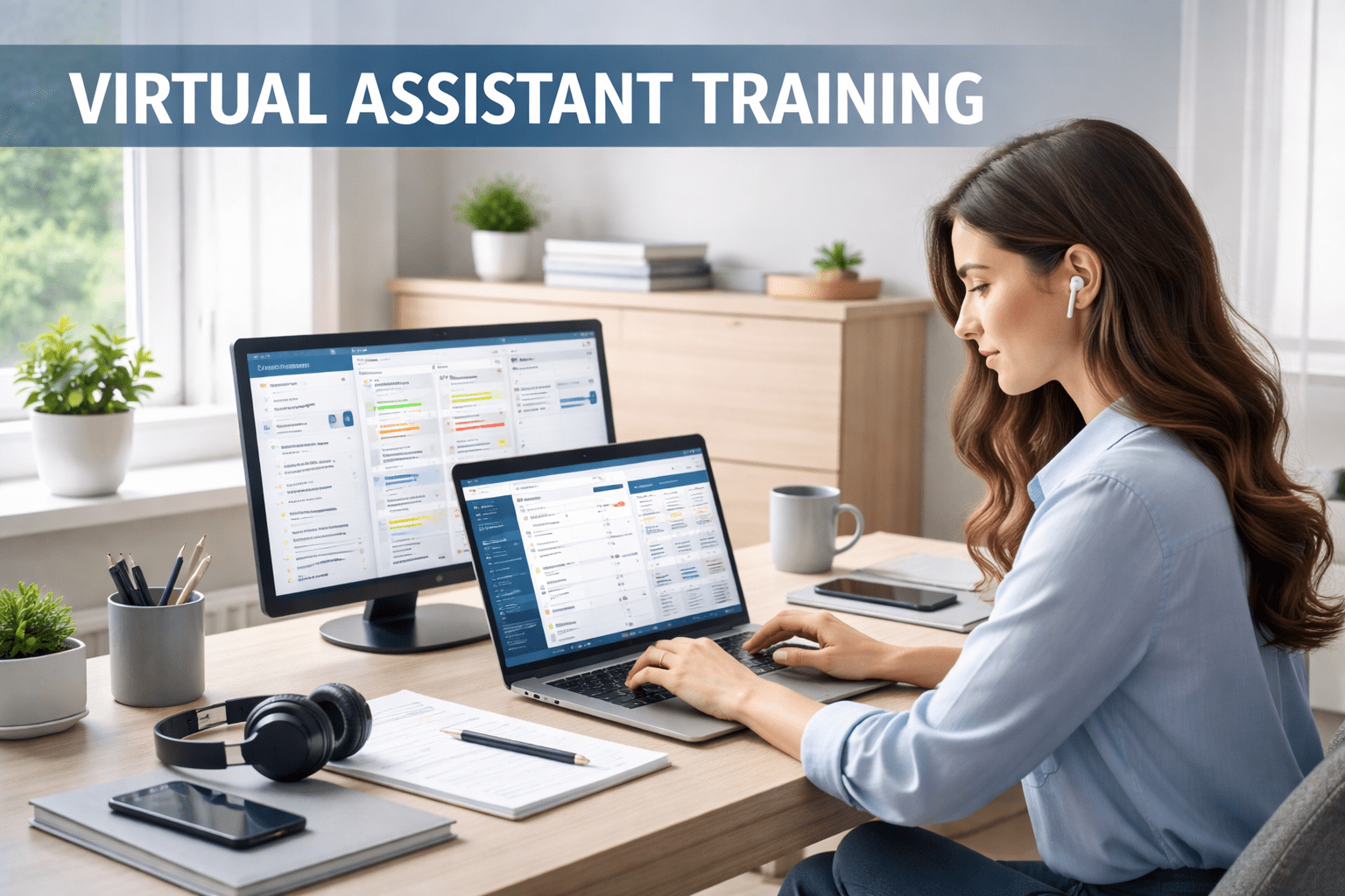 Virtual Assistant Training showing a remote assistant working on a laptop with client files, admin tools and online communication apps
