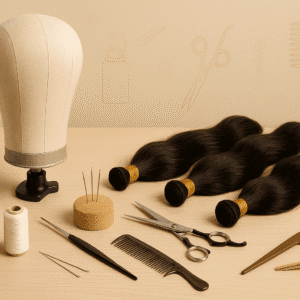 Wig making course banner showing tools, wig stand, hair bundles and styling equipment on a clean workspace.
