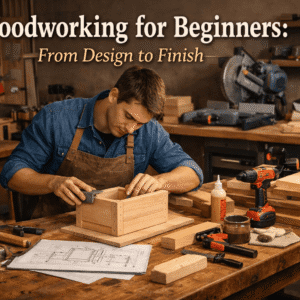 Beginner learning woodworking techniques, tools, joints, and finishing in a modern workshop environment