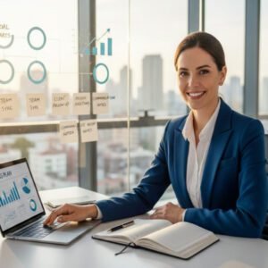 Entrepreneurship course showing a business founder planning goals and strategy in a modern professional workspace