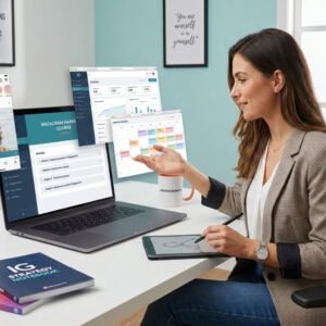 Social media manager planning posts and engagement in an Instagram Marketing Course workspace