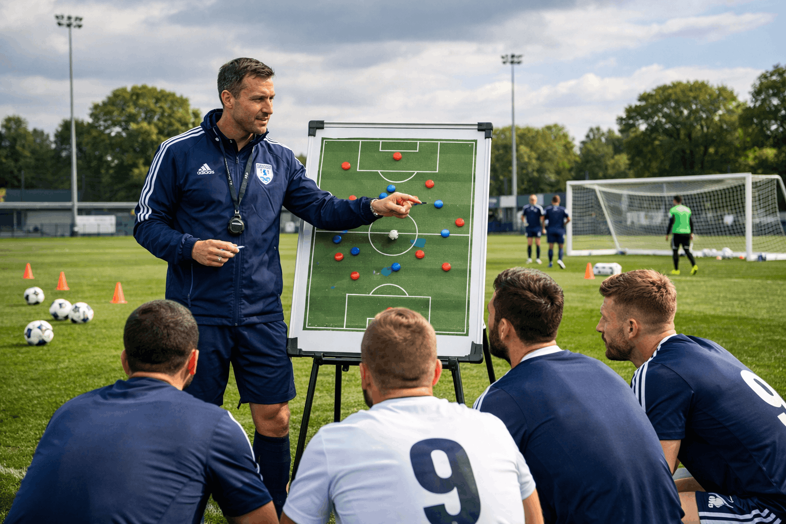 Professional football coach leading a UEFA B Licence training session on a modern football pitch