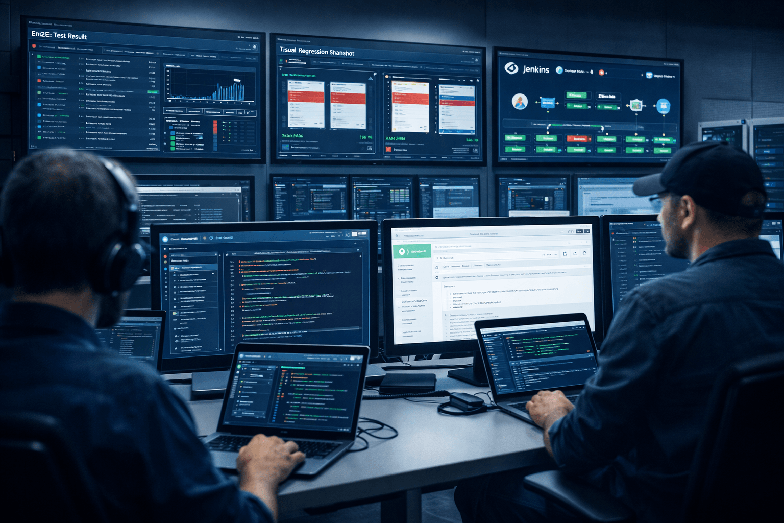 Cypress test automation framework showing E2E tests, CI/CD pipelines and visual regression dashboards