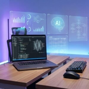 Student analysing datasets and neural networks on a laptop in a modern deep learning course environment