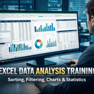 excel data analysis showing charts, tables and filters on a professional Microsoft Excel dashboard