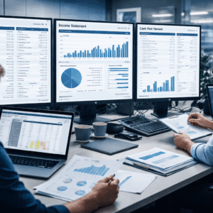 Financial statement analysis showing balance sheets, income statements and cash flow reports on professional dashboards