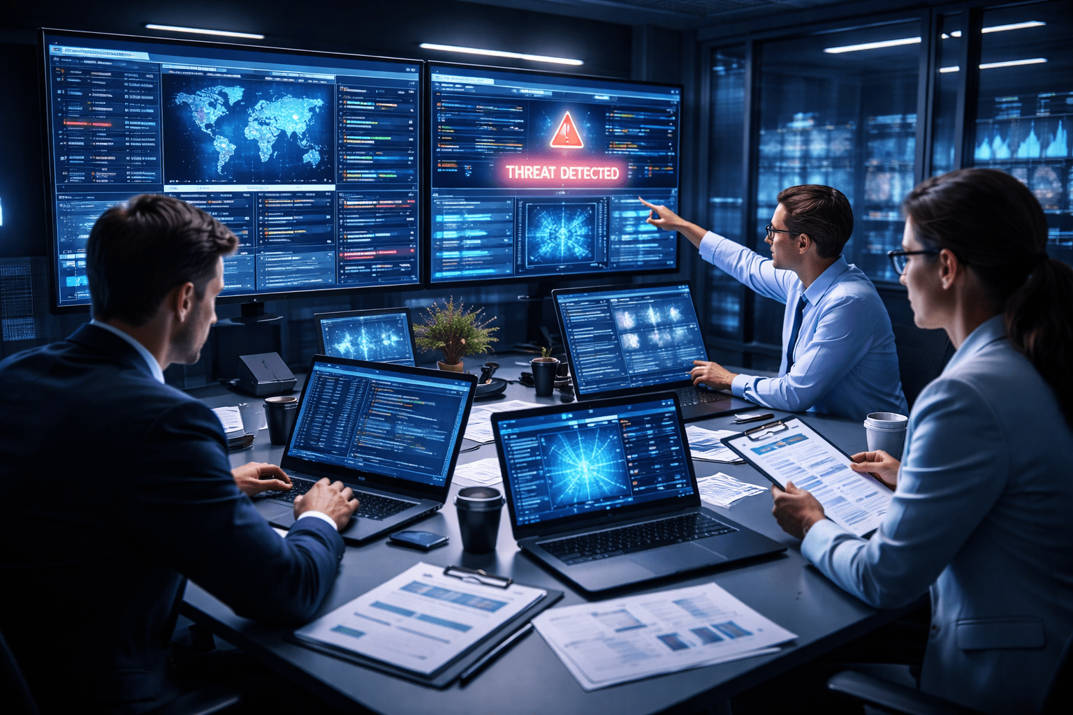Information security audit showing auditors analysing cyber risks, access controls and system logs in a modern security operations centre