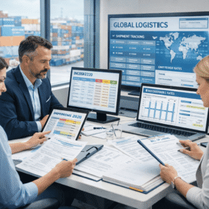 Logistics professionals managing cargo and freight routes in an International Shipping Course with containers, trucks and documents