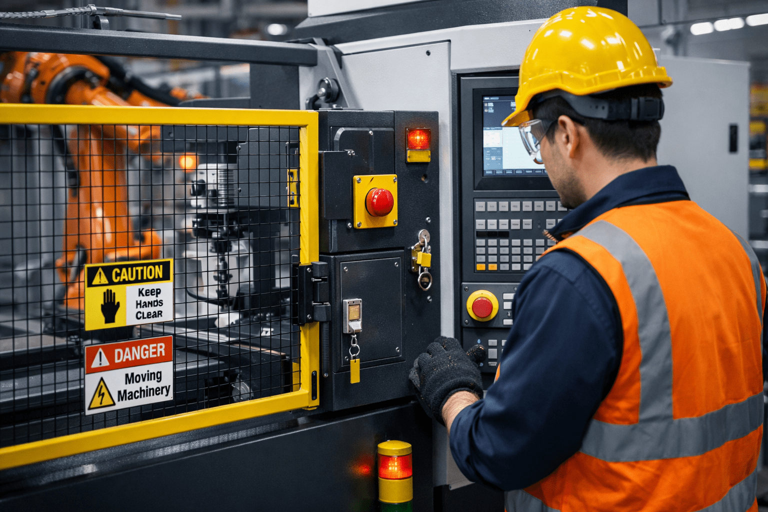 A factory worker using protective guards on machinery during machine guarding safety training in a modern industrial workspace.