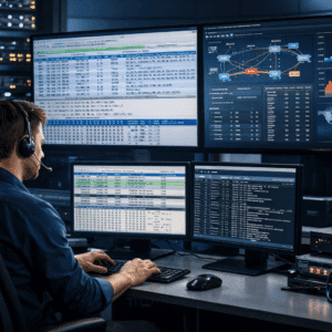 Modern IT lab showing servers and packet monitoring tools used in networking engineering training