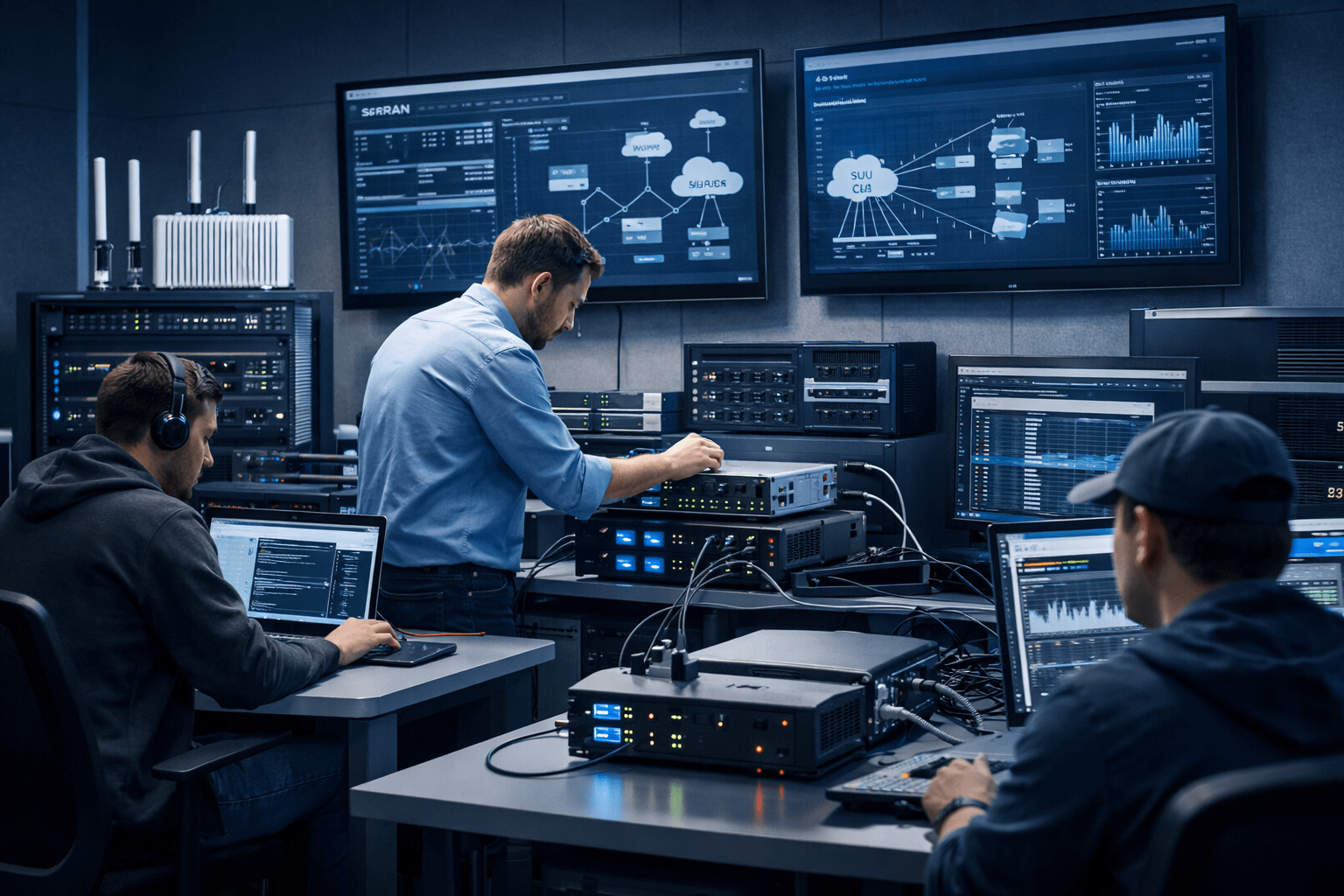 Open RAN 5G training lab showing private 5G network with srsRAN, SDR radios and open RAN architecture