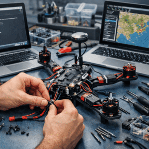 Open source drone being assembled with motors, flight controller and wiring on a modern electronics workbench