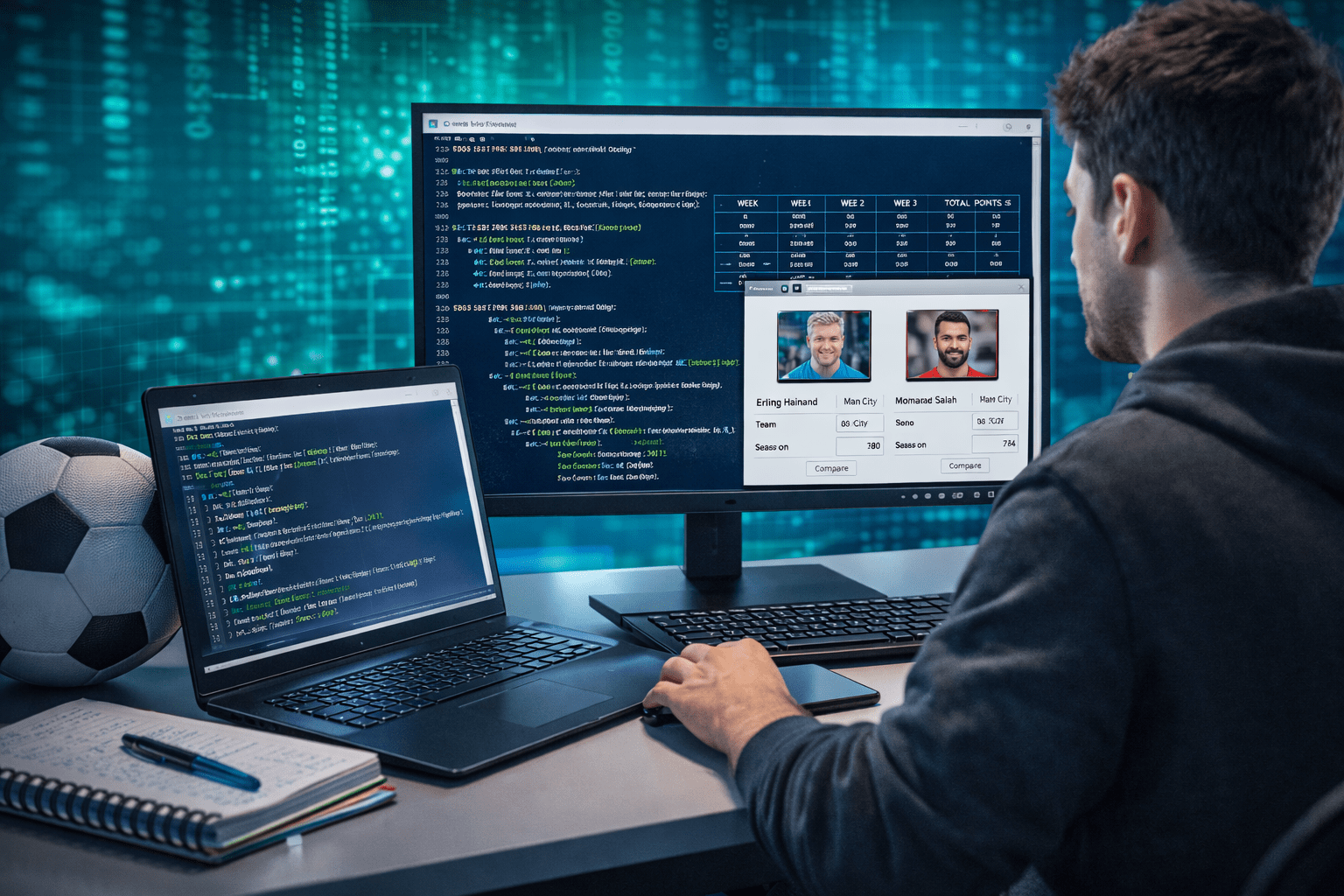 Student learning PowerShell Football Coding while building football data apps using scripts, APIs and Windows Forms on a laptop