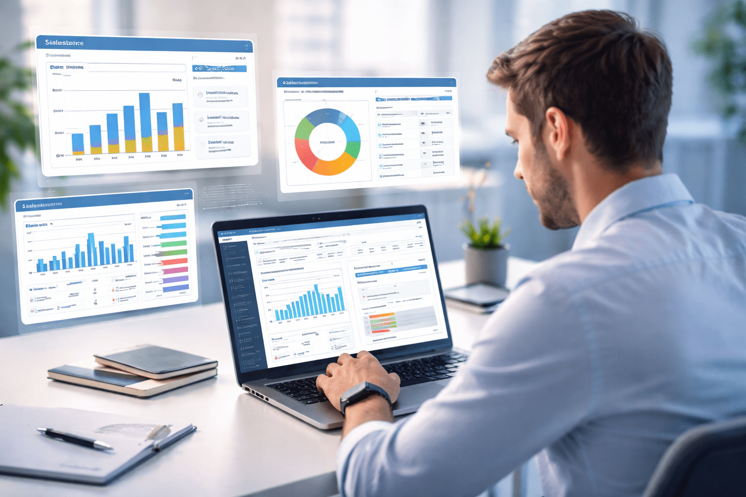 Salesforce Reports Training course showing a professional CRM dashboard with charts, filters, and sales performance metrics