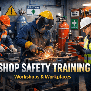 shop safety training showing workers using PPE and tools in a modern industrial workshop