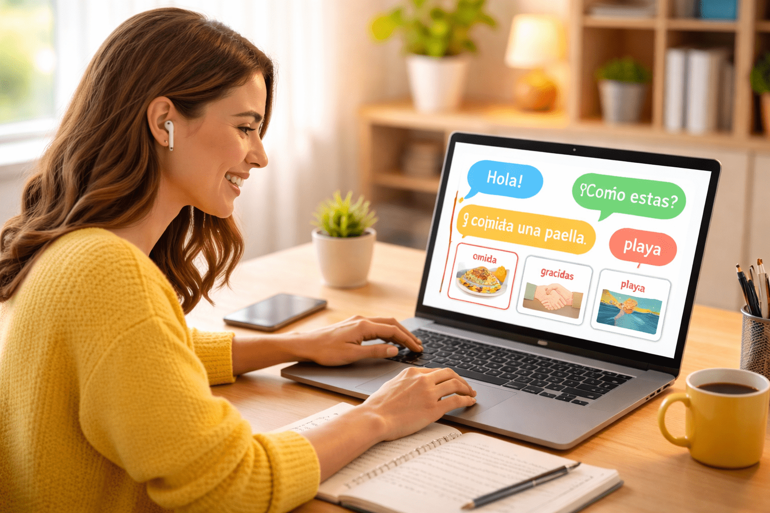 Smiling student learning Spanish for beginners on a laptop with vocabulary and conversation practice on screen