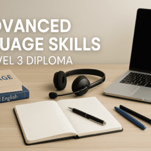 Advanced language skills diploma cover featuring books, headset, notepad, and a clean study desk representing modern language learning.
