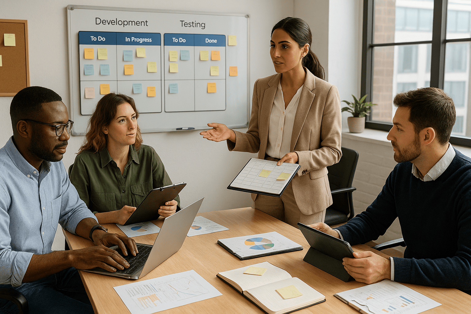 Modern workplace with team collaborating on Agile Project Management tasks and digital planning boards