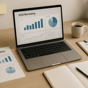 Professional B2B marketing strategy workspace with charts, laptop, and planning materials for trust and growth