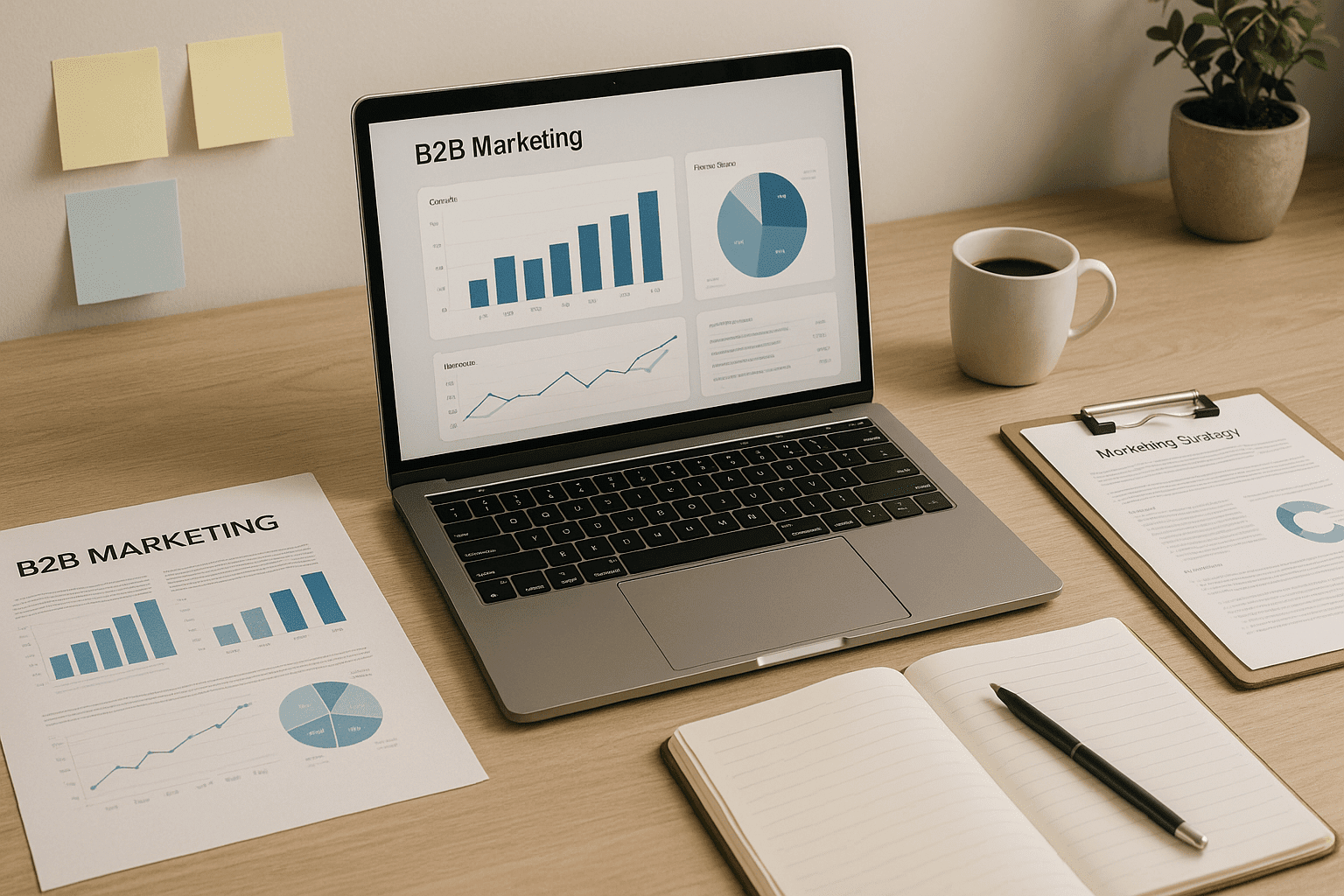 Professional B2B marketing strategy workspace with charts, laptop, and planning materials for trust and growth