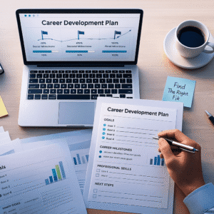 Career development plan workspace with goals, charts, and planning documents on a desk.