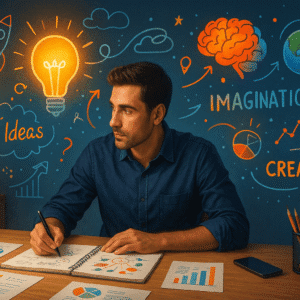 Creative confidence course image showing a person brainstorming ideas with colourful creative elements.