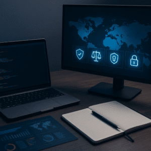 Modern cyber security desk with laptop, code screen, legal icons and threat charts; Cyber Security Analyst course cover image.