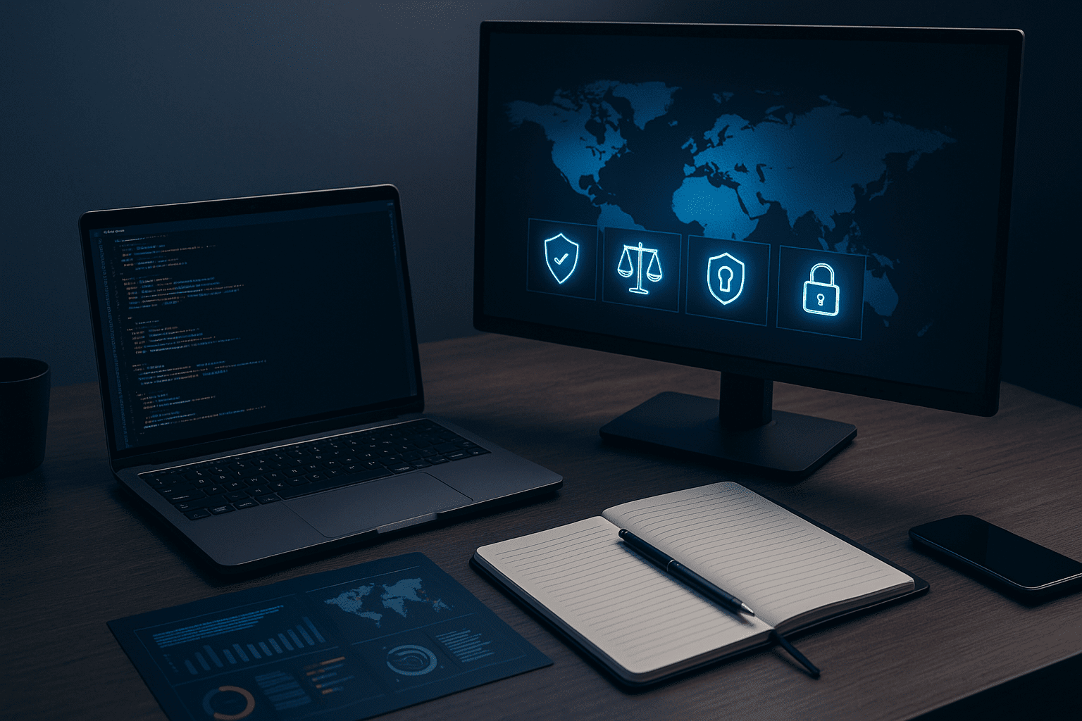 Modern cyber security desk with laptop, code screen, legal icons and threat charts; Cyber Security Analyst course cover image.