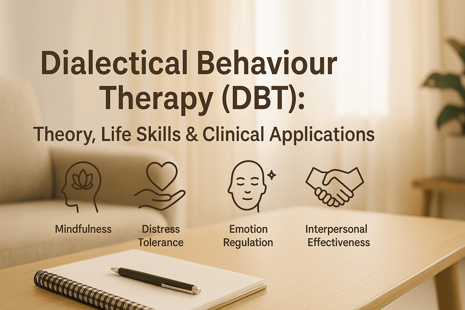 Dialectical behaviour therapy course cover showing DBT skills, mindfulness, counselling themes, and emotional resilience.