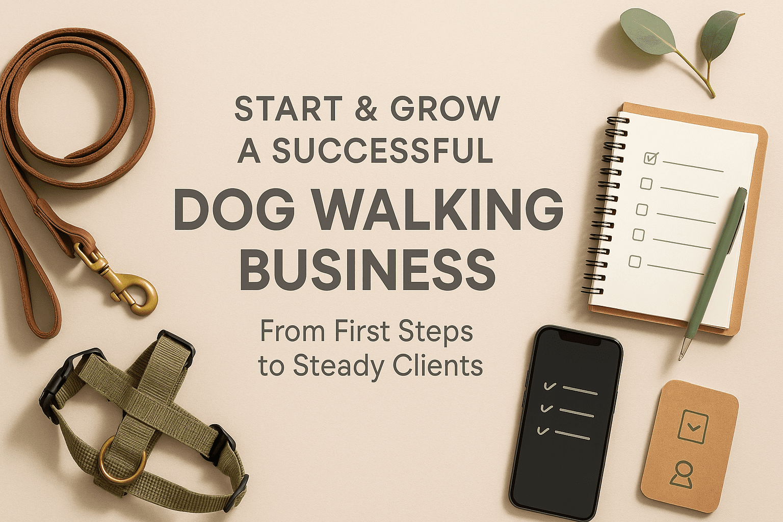 Modern flat-lay showing dog walking business essentials with leash, notebook, phone, and branding icons.