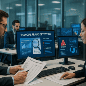 Financial fraud detection training scene with analysts reviewing statements and digital dashboards.