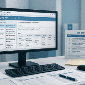 ICD-10-PCS coding workstation with 3M Encoder, DRG charts, surgical procedure workflows and inpatient documentation.