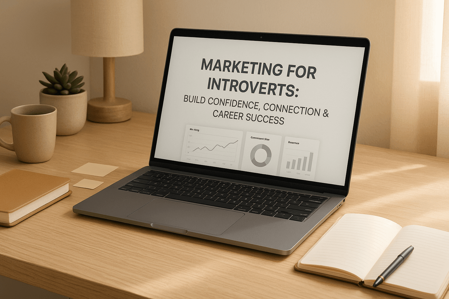 Introvert marketing workspace scene with planner, laptop, soft lighting and calm colours for confidence building.