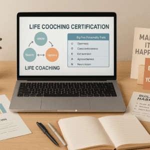 Life coaching certification workspace with coaching tools, personal development notes and goal-setting visuals