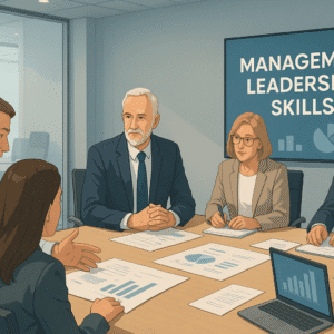 A modern office leadership scene showing managers at different levels discussing strategy; highlights management leadership skills.