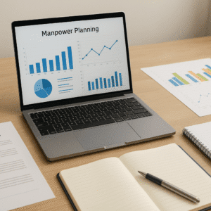 Modern HR planning desk with charts, laptop and workforce data visual; Manpower Planning course cover image.