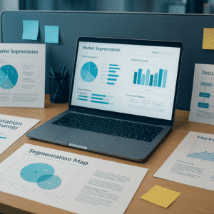 Professional workspace showing market segmentation strategy charts, decision-maker mapping, and analysis tools.