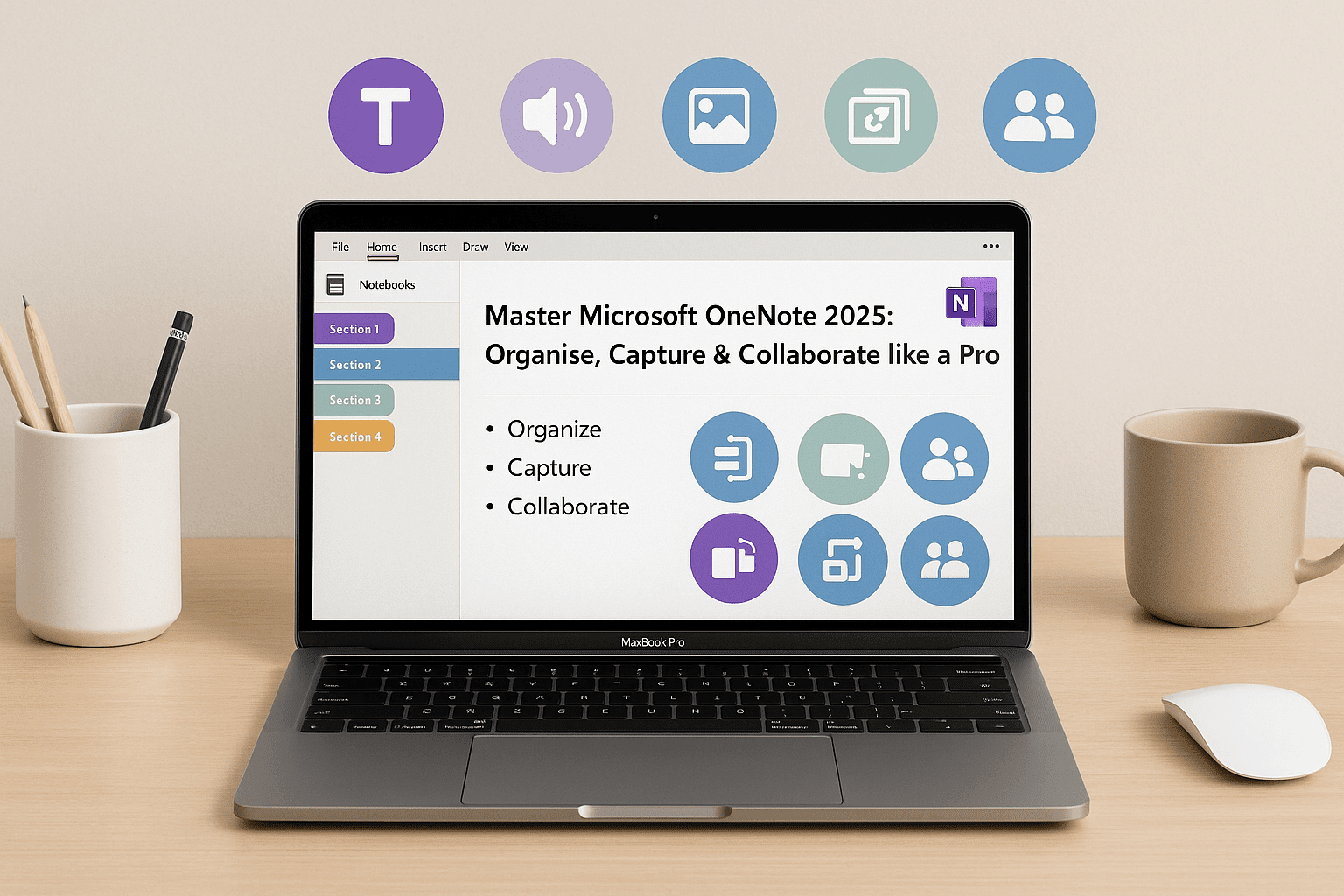 Modern workspace with laptop, digital notes, icons, and OneNote tools representing Microsoft OneNote course learning.