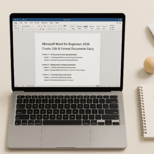 Clean flat-lay workspace with laptop showing a Microsoft Word beginners document layout.