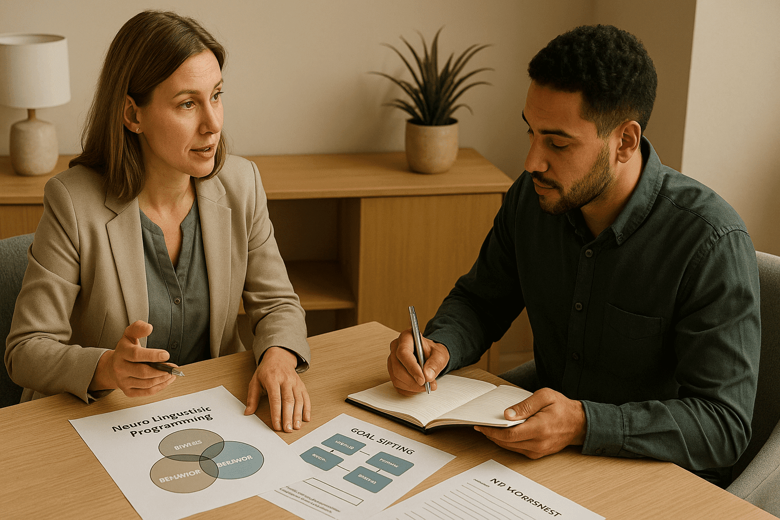 Neuro Linguistic Programming course image showing a coach guiding a learner using NLP models and transformation tools.