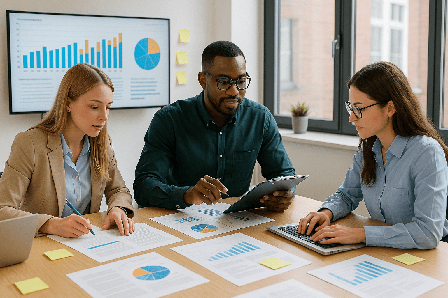 Professional team managing project procurement processes with planning documents, charts, and digital tools