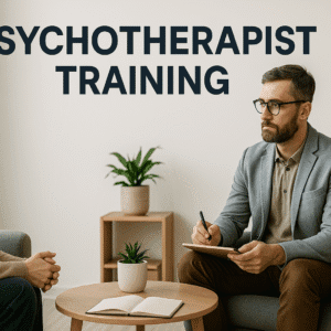 Psychotherapist Training cover showing therapist and client in a calm counselling room with notebooks and soft natural lighting.
