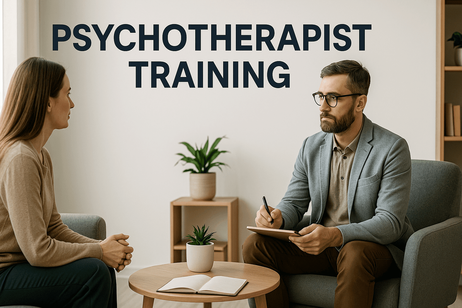 Psychotherapist Training cover showing therapist and client in a calm counselling room with notebooks and soft natural lighting.