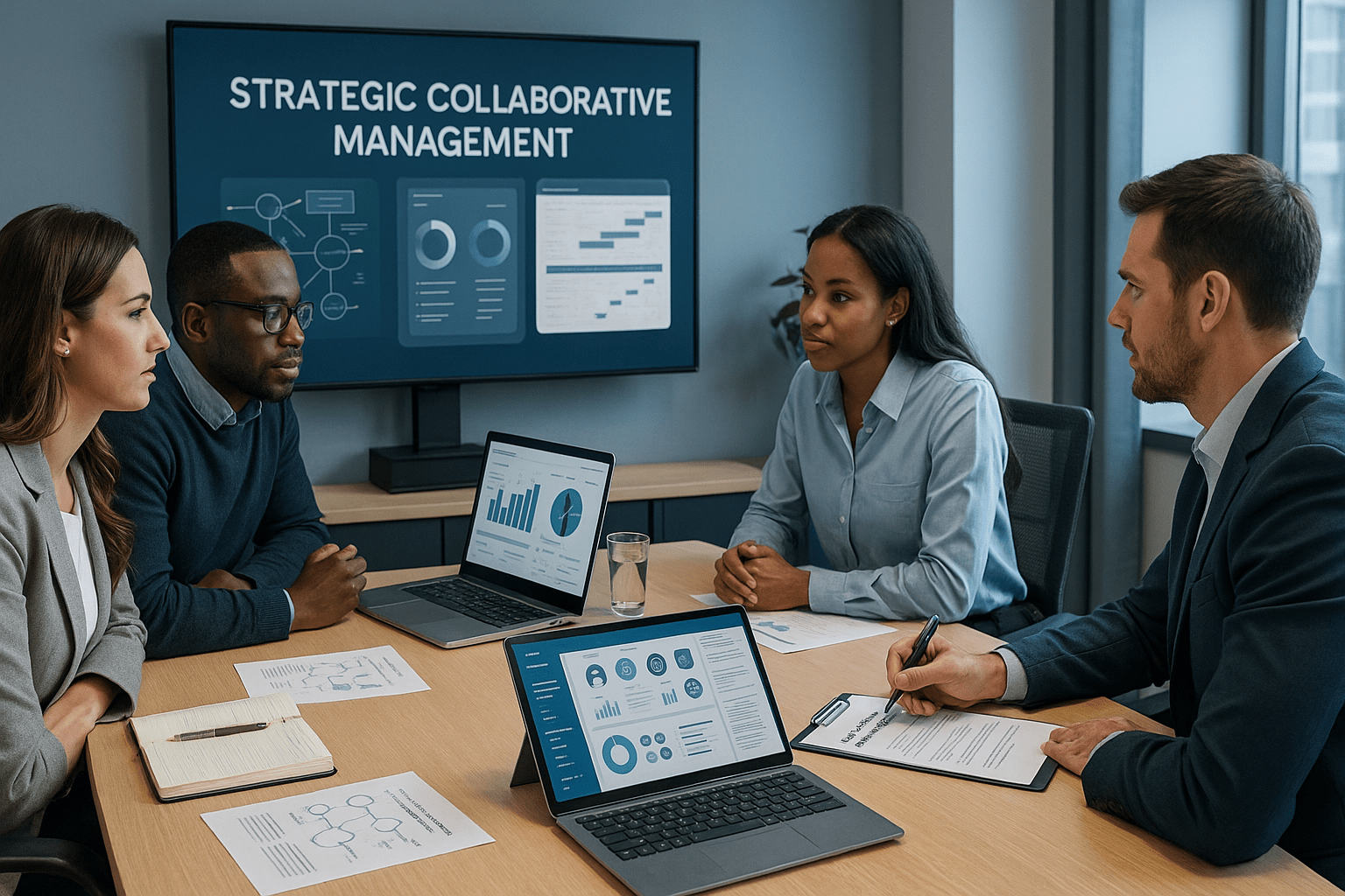 Strategic collaborative management workspace with leaders planning teamwork, projects, and change strategies.