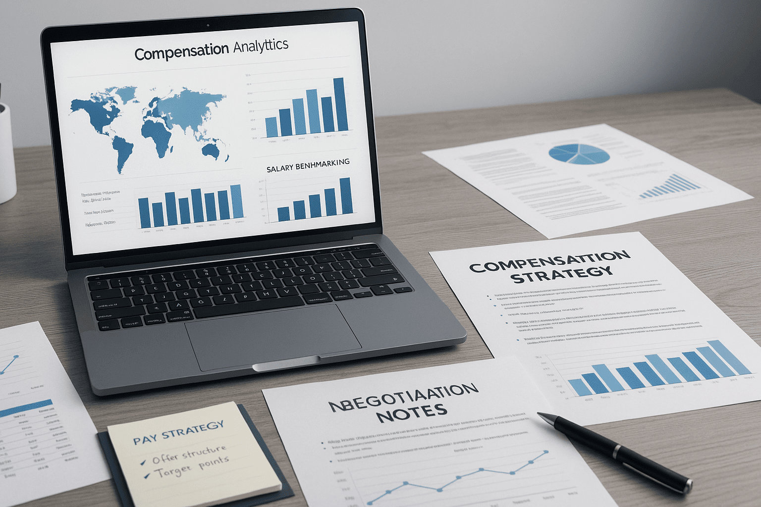 Strategic compensation management workspace with analytics charts, pay strategy documents, and a modern corporate desk scene.