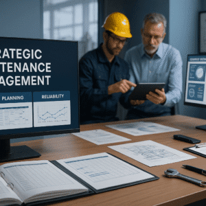 Strategic maintenance management training scene with planning charts, tools, and reliability workflows.